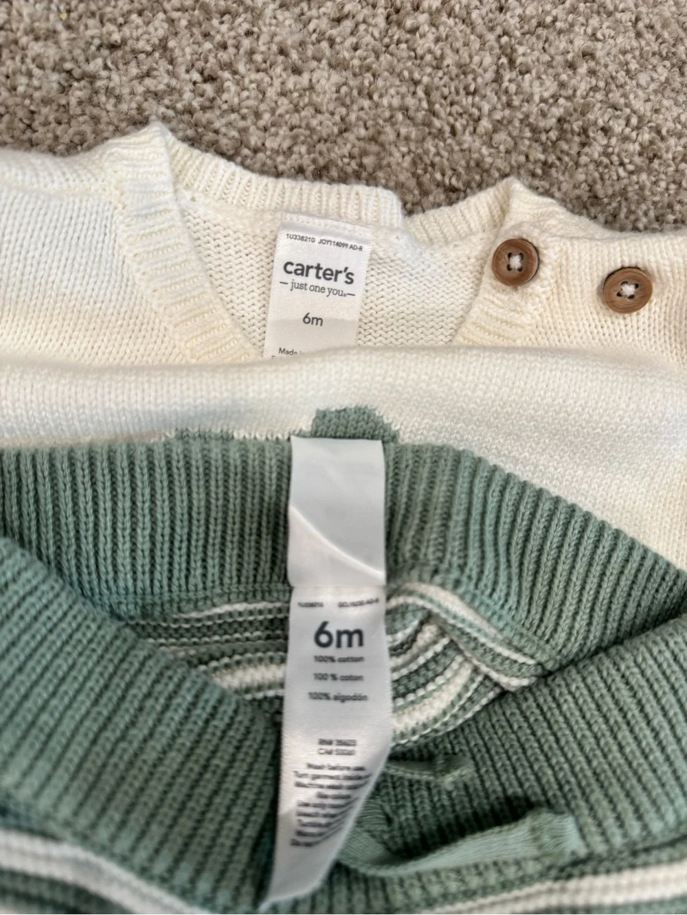 Carter's White Sweater with Green Clover & Green-White Striped Knit Joggers